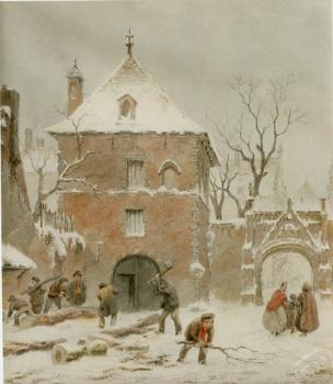 Bartholomeus Johannes Van Hove : Besneeuwd dorpje met houthakkers